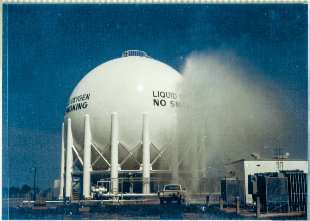 LOX Tank Fire Suppression Water Functional Test at Space Shuttle Launch Complex 39-B, Kennedy Space Center, Florida.